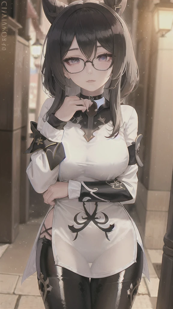 1 girl, Chiori \(genshin impact\), Alone, choker:1.6, White long sleeve shirt with long sleeve collar, black leather corset, black gloves that cover your hands, shiny black leggings, glasses, looking at the viewer,, inside, depth of field, expressionless, alley, at night