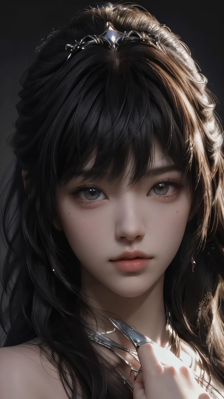 masterpiece, best quality, ultra-detailed, facing the camera head on, intricately detailed hyperdetailed, realistic, sharp features, highly detailed, sharp focus, perfect face, perfect face, perfect symmetrically perfect eyes, perfect full lips, flexible female form, cinematic, film light, hyper detailed, hyper realistic, dynamic studio lighting, nsfw, ((Dark background)), Sexy face, Facial expressions when receiving pleasure, straight Bangs,
