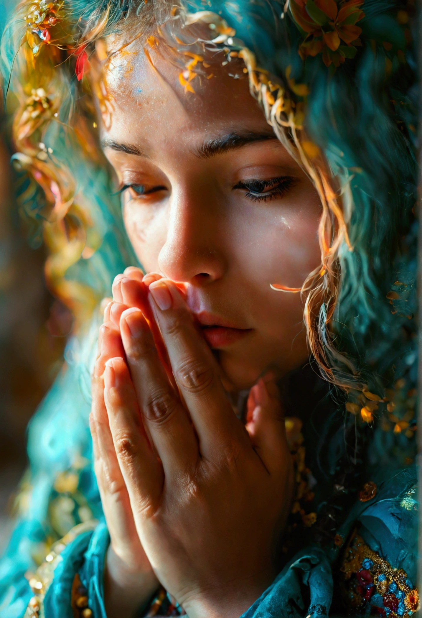 Image of a person praying with a serene face and a bright background.