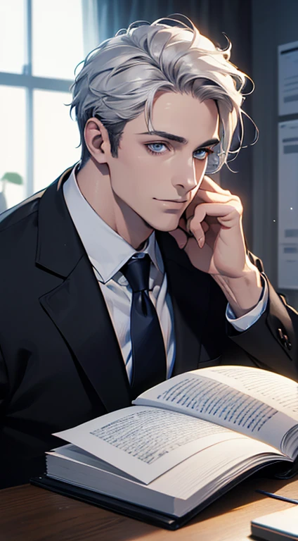 (best quality,4k,8k,highres,masterpiece:1.2),ultra-detailed,(realistic,photorealistic,photo-realistic:1.37),1 man,31 years old,mature man,very handsome,without expression,smile,short grey white hair,blue eyes,penetrating gaze,perfect face without errors,imposing posture,businessman,office background,cinematic lighting,hdr image