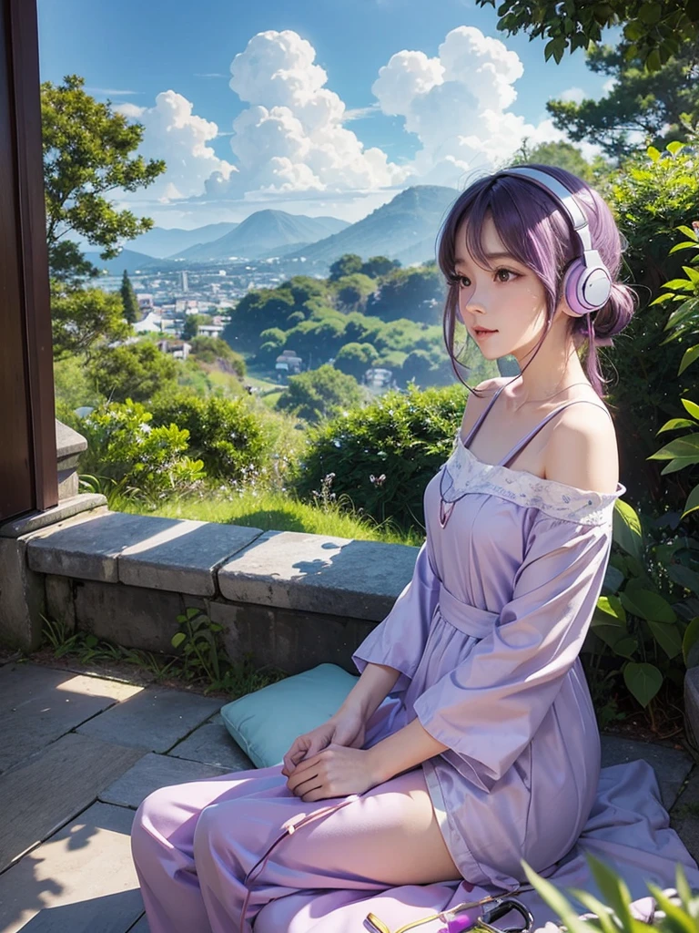 Chill Heartbeats、Light purple、green、listening to music on headphones、relax、Happy、Ghibli、Landscape only