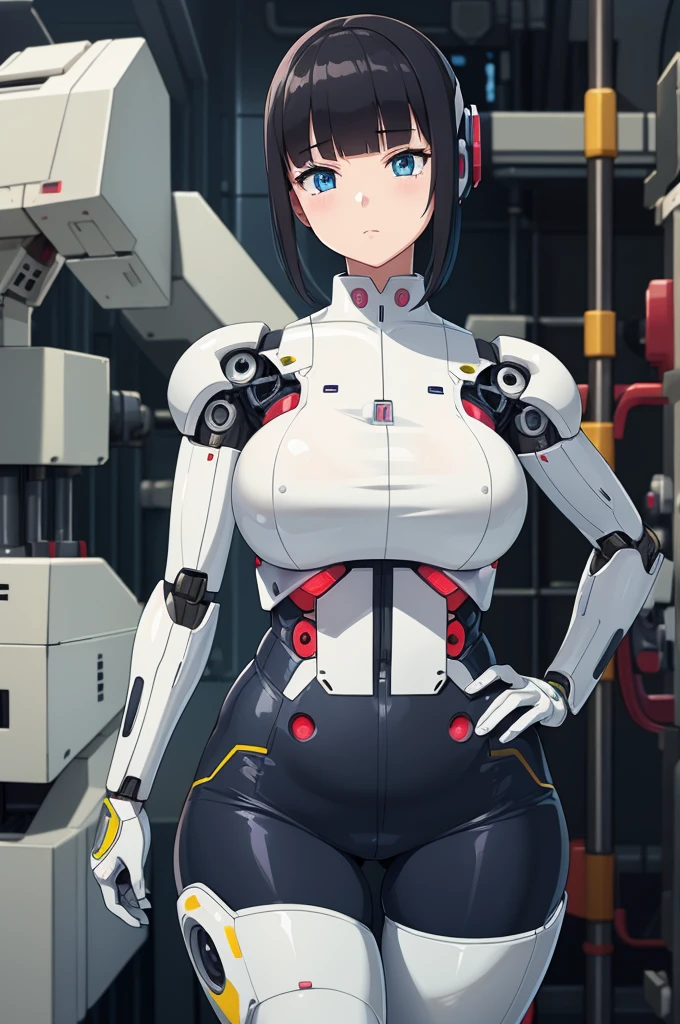 masterpiece, best quality, extremely detailed, Japanese android girl,Plump ,control panels,robot arms,robot,android,cyborg,white robot body,blunt bangs,robot repair plant,skinny pants,boots,blue eyes