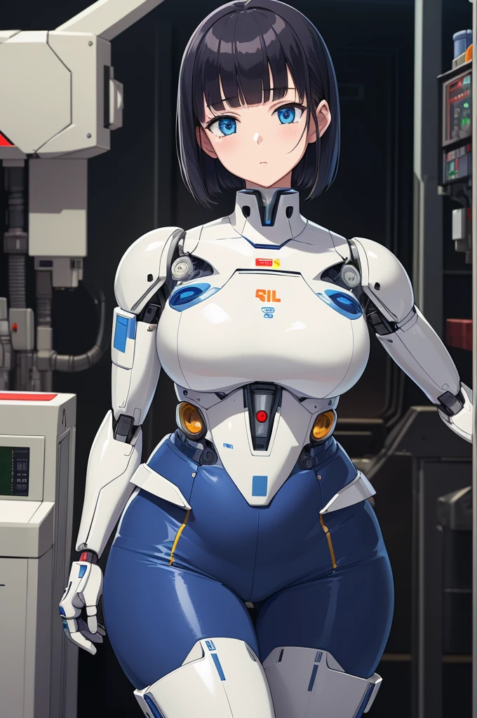 masterpiece, best quality, extremely detailed, Japanese android girl,Plump ,control panels,robot arms,robot,android,cyborg,white robot body,blunt bangs,robot repair plant,skinny pants,boots,blue eyes