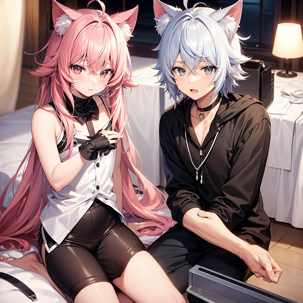 catboy, Anime, Wallpaper, Cute, pink or white hair. fluffy ears, messy hair, one person, BOY NOT GIRL