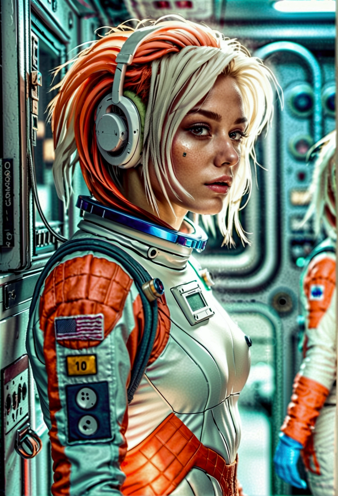 female astronaut j0rd7nj0n3s (slightly embarrassed, sponge bath, nude) in space station restroom, beautiful face, realistic photo, (portrait), [smoke], [haze], natural lighting, shallow depth of field, photographed on a Canon EOS-1D X Mark III, 50mm lens, F/2.8, (intricately detailed, hyperdetailed), ((RAW color)), sharp focus, HDR, 4k resolution, Cinematic film
