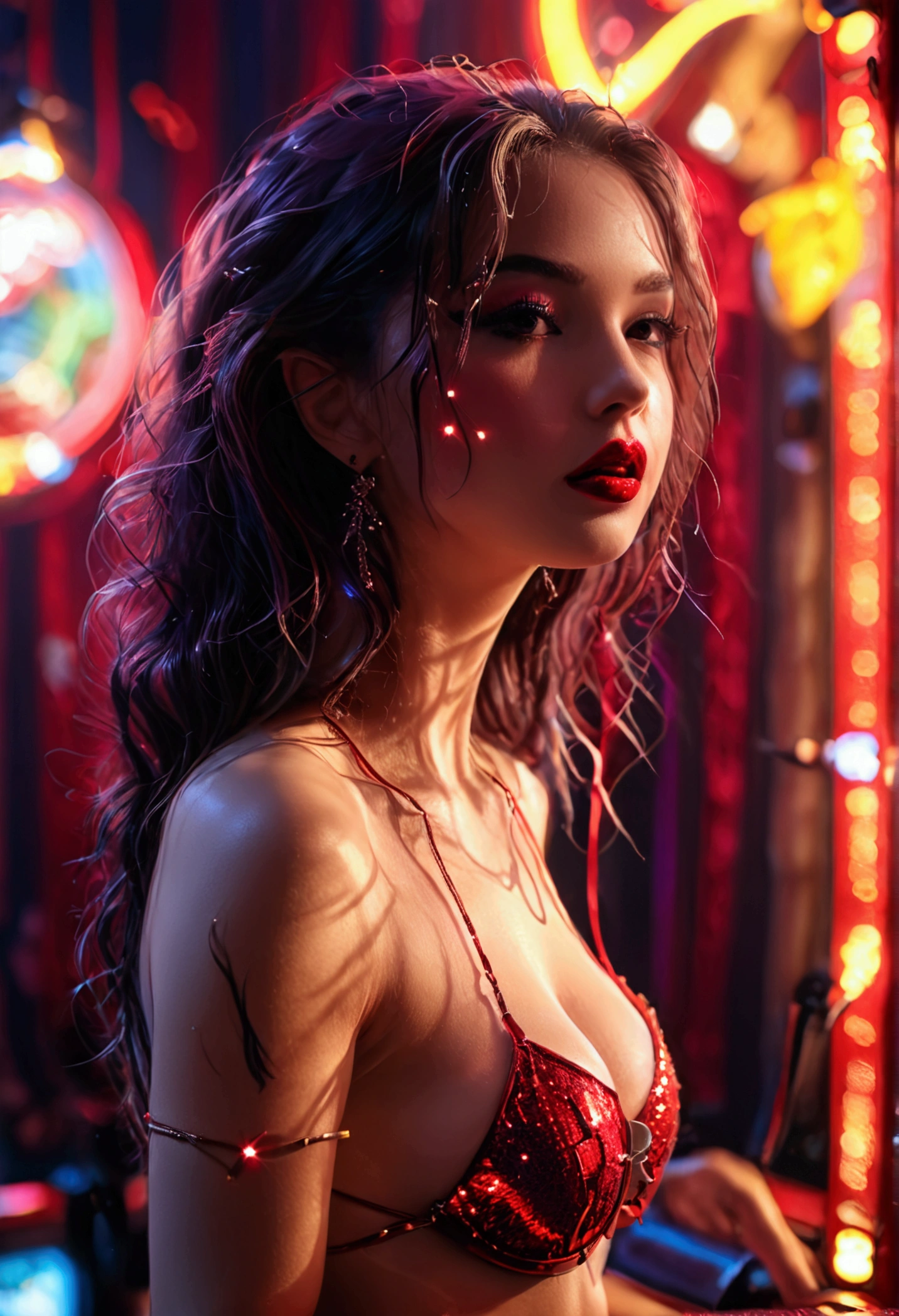 a cute woman (random fantasy race), 25 years old, giga busty, wearing a string bikini, dancing and flirting on stage under the spotlight, pale makeup, deep red lipstick, camera angle low looking up, fantasy magic strip club, hyper detailed, masterpiece, 8k, photorealistic, intricate details, volumetric lighting, dynamic pose, dramatic lighting, neon colors, moody atmosphere
