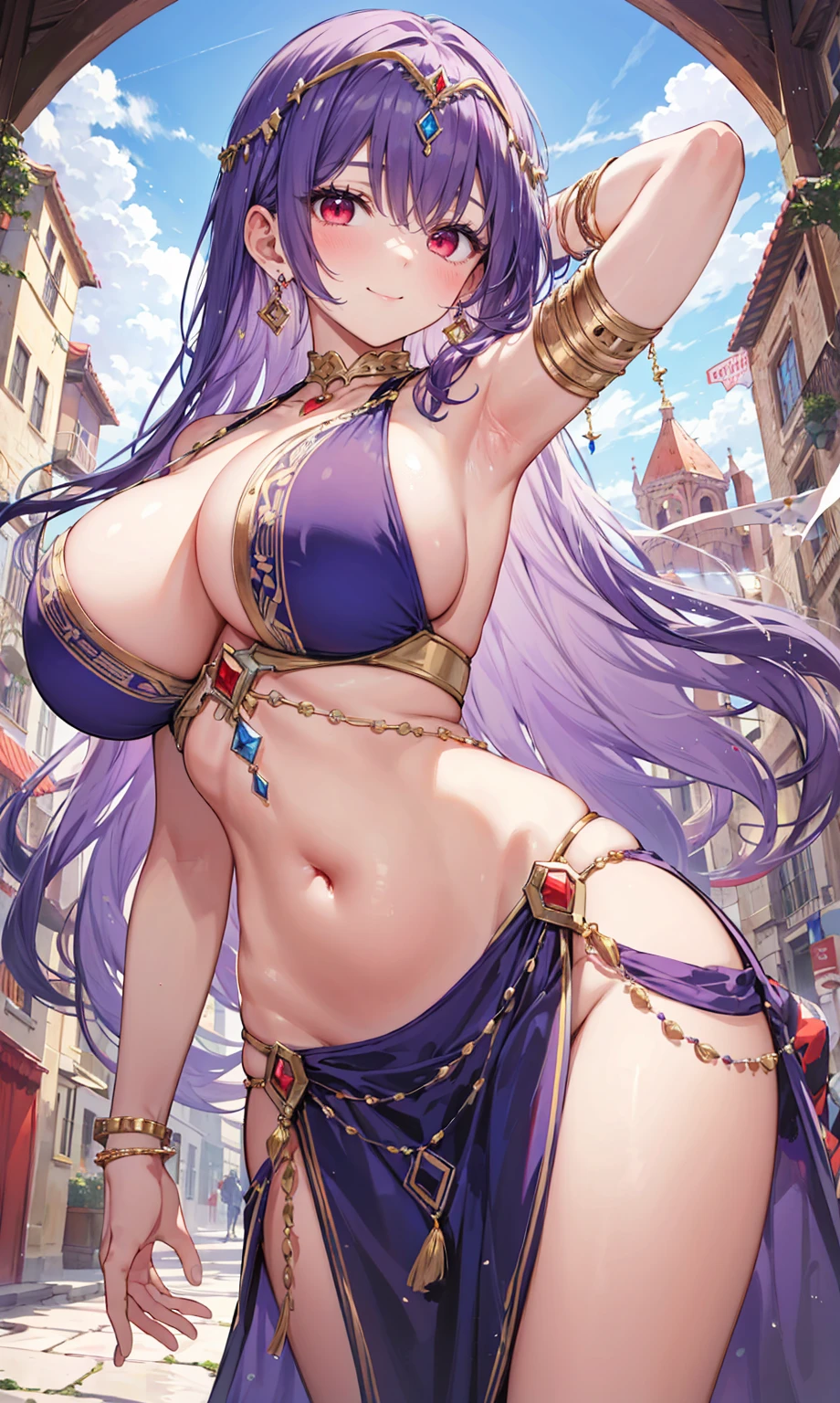high quality, ultra detailed, best quality, insanely detailed, beautiful, masterpiece, 1girl, medieval plaza, cowboy shot, red eyes, long hair, purple hair, belly dancer, circlet, earrings, armlets, bracelets, bashful smile, large breasts, cleavage, soft stomach