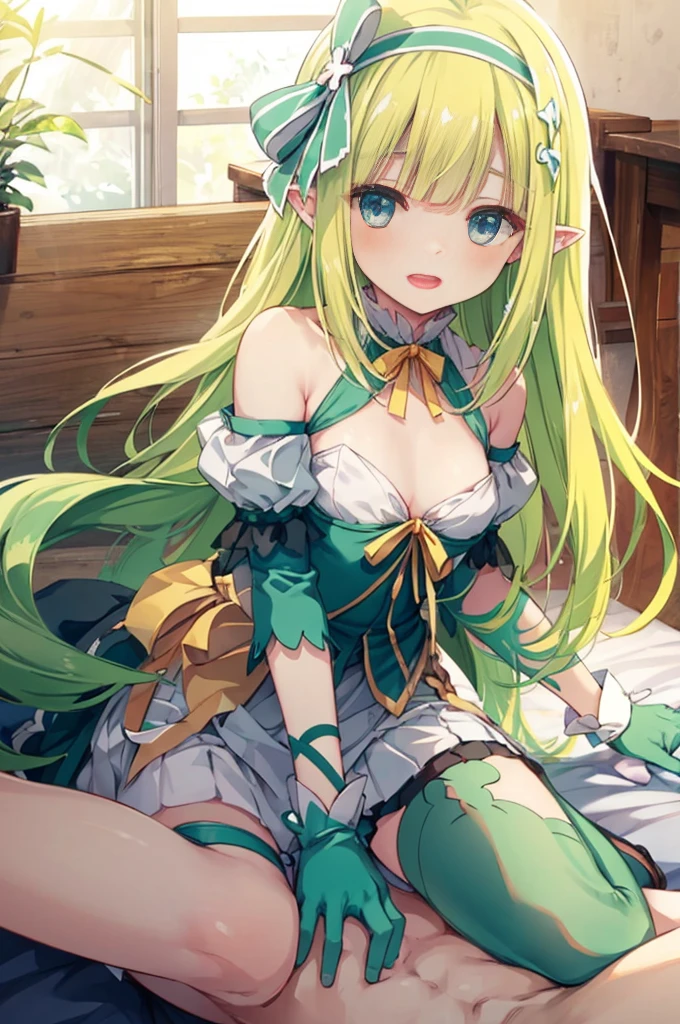 nsfw,((One man and one woman,Having sex)),Lying down,Small breasts,Bare Breasts,hair ribbon green hairband ,pointy ears,yellow bow green dress bare shoulders detached sleeves clothing cutout skirt green gloves,Open Mouth Smile