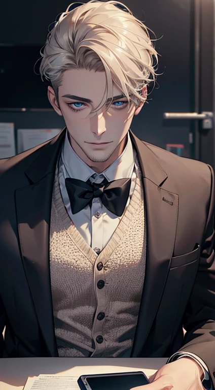 (best quality,4k,8k,highres,masterpiece:1.2),ultra-detailed,(realistic,photorealistic,photo-realistic:1.37),1 man,31 years old,mature man,very handsome,without expression,smile,short grey golden hair,blue eyes,penetrating gaze,perfect face without errors,imposing posture,businessman,office background,cinematic lighting,hdr image