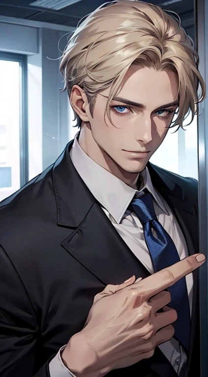 (best quality,4k,8k,highres,masterpiece:1.2),ultra-detailed,(realistic,photorealistic,photo-realistic:1.37),1 man,31 years old,mature man,very handsome,without expression,smile,short grey golden hair,blue eyes,penetrating gaze,perfect face without errors,imposing posture,businessman,office background,cinematic lighting,hdr image
