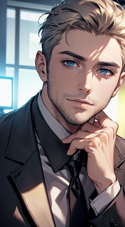 (best quality,4k,8k,highres,masterpiece:1.2),ultra-detailed,(realistic,photorealistic,photo-realistic:1.37),1 man,31 years old,mature man,very handsome,without expression,smile,short grey golden hair,blue eyes,penetrating gaze,perfect face without errors,imposing posture,businessman,office background,cinematic lighting,hdr image