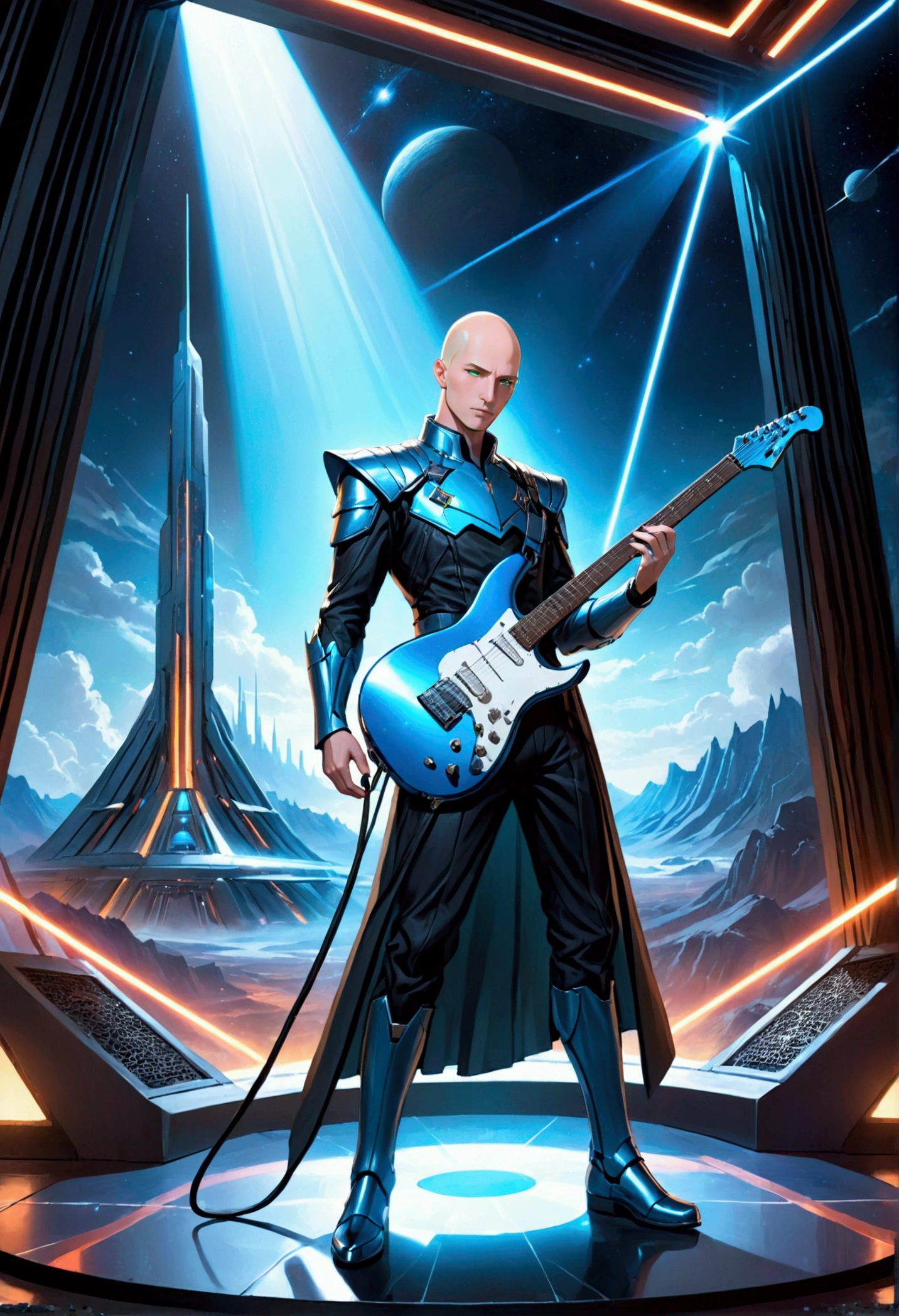Early 40s、A man with short blonde hair and a slightly bald face , stunning green eyes, Detailed facial features, Wearing a glittering silver and blue sci-fi outfit, I have an electric guitar, Standing on a stage lit up by neon lights, Dramatic sci-fi Alderaan landscape in the background, A powerful and emotional musical performance, Realistic, 8K, Highest quality, Very detailed
