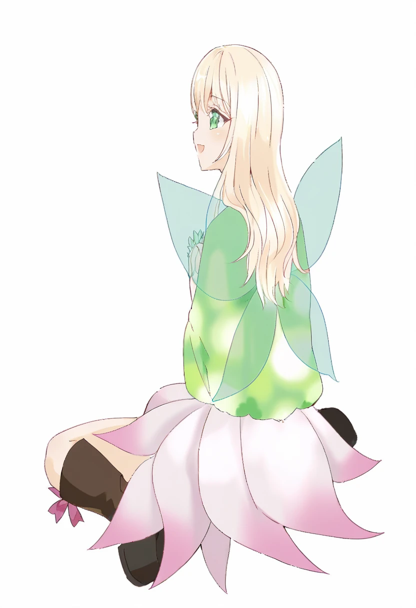 anime girl with Green Eyes and blonde hair holding her hands to her face, Soft anime illustration, blond hair Green Eyes, Elf Girl wearing an flower suit, deity of hydrangeas, Smiling like a fairy queen, sakura petals around her, Color lineart, Cute natural anime face, Elf Girl, Green Eyes!!!, Color Manga, clear Green Eyes