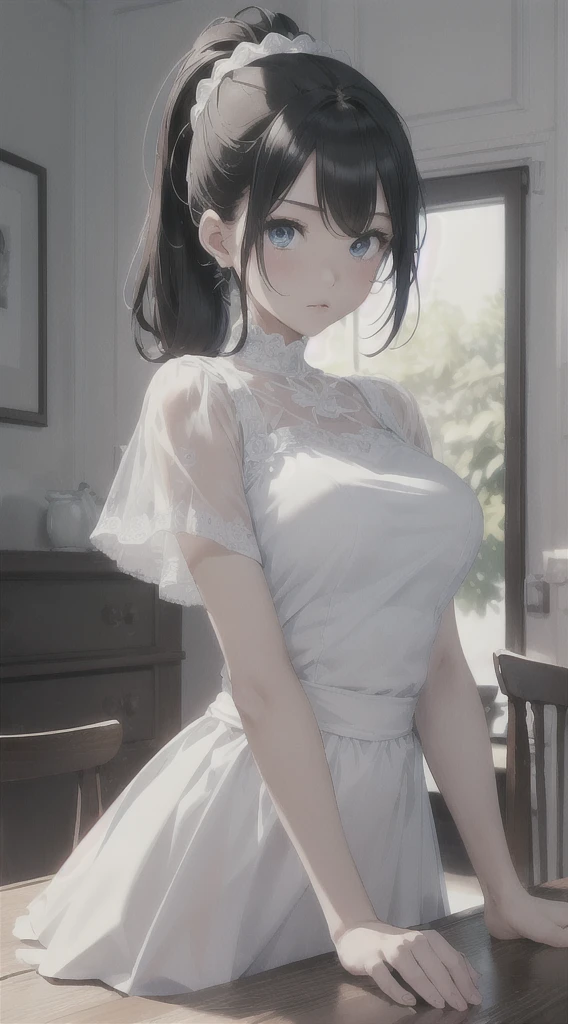 top quality、Top image quality、​Masterpiece、girl with((cute little、18 years old、best bust、medium bust、Bust 85,beautiful blue eyes、Breasts wide open,Black hair ponytail、A slender one、Blue hairnet、white dress、white skirt、tee)）high quality、beautiful art、background with((big white room、white lighting)),on the table、Well-designed、visual art、depth of field、best lighting、most detailed、8ｋ