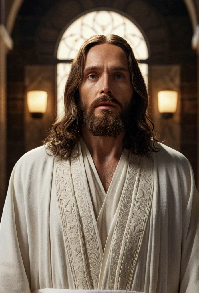 (symmetry),centered,a ((close)) up portrait,(Jesus),a very thin white man with long hair and a beard,wearing a long white robe,35mm,natural skin,clothes detail, 8k texture, 8k, insane details, intricate details, hyperdetailedhighly detailed,realistic,soft cinematic light,HDR,sharp focus, ((((cinematic look)))),intricate, elegant, highly detailed