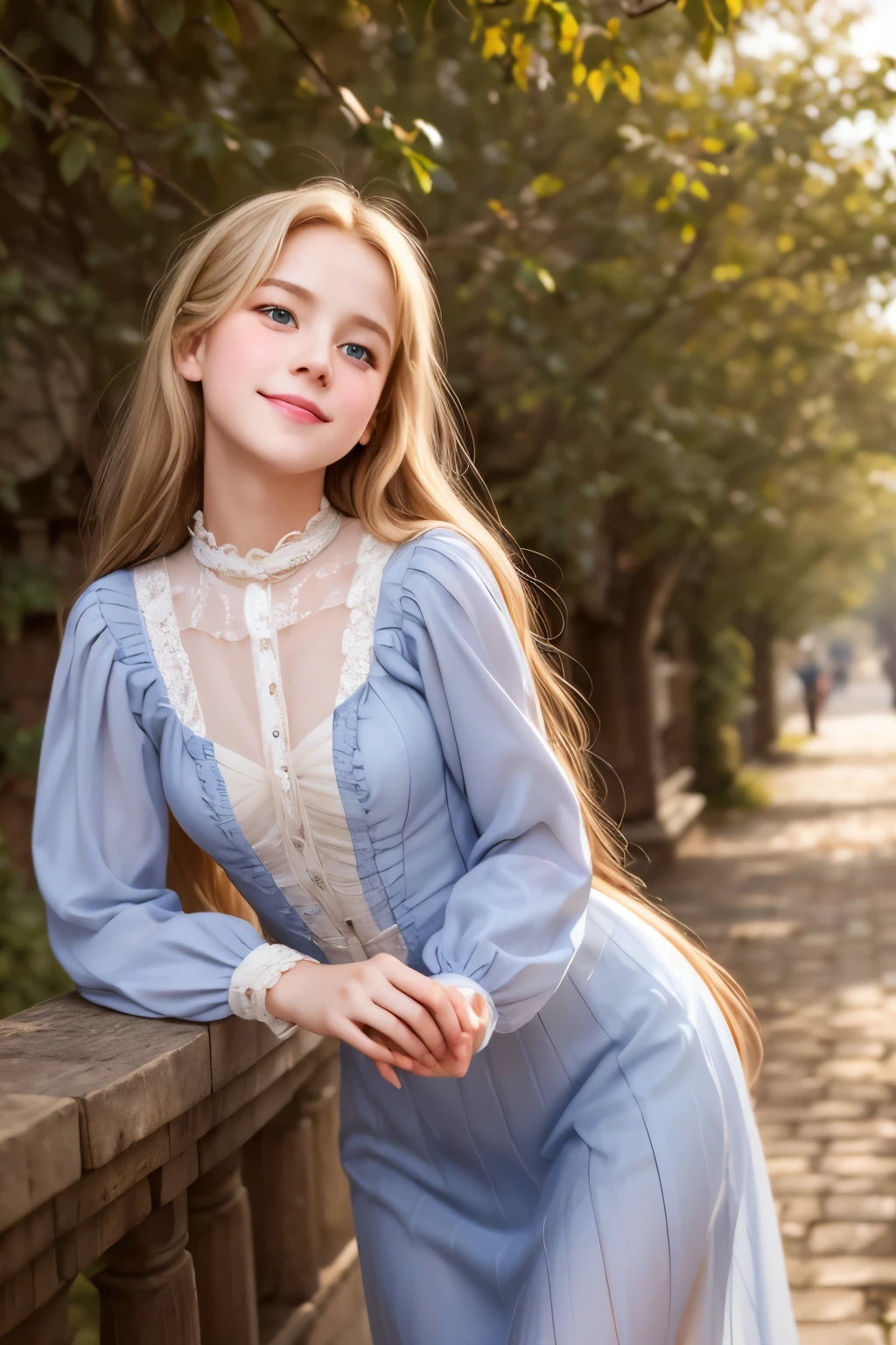 village realisticlying、Virginia Otis 15-year-old blonde hair blue eyes、City of victorian age, Europe. aristocrat girl、Looking up from below、 wear long sleeve sheer fabric dress、Various dynamic sexy poses、Face smile、cute face, Depicts the whole body、
