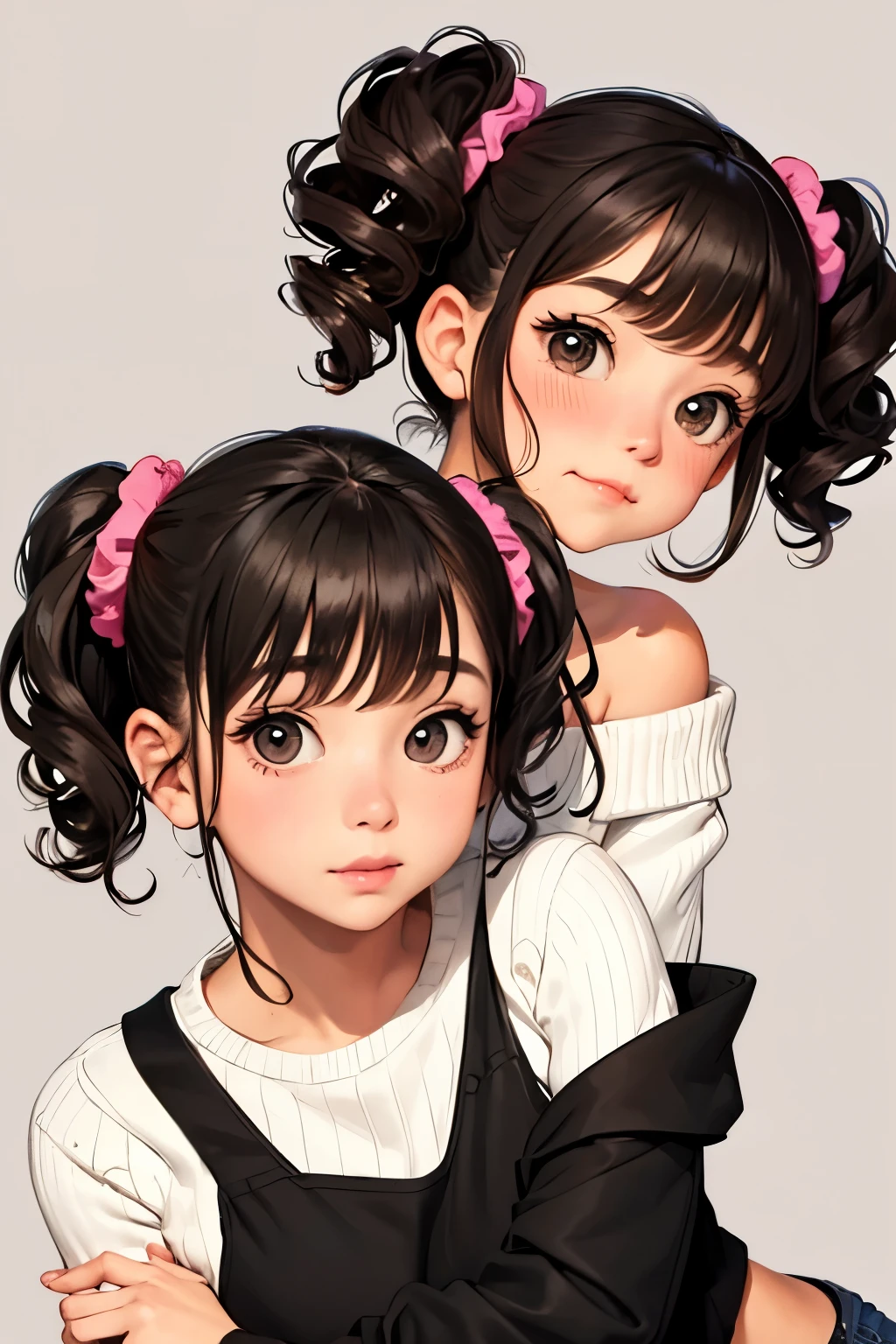Shoulder sweater、Curly Short Hair、Hair Scrunchie、Twin tails、Cute pose、A face and pose that expresses deliciousness