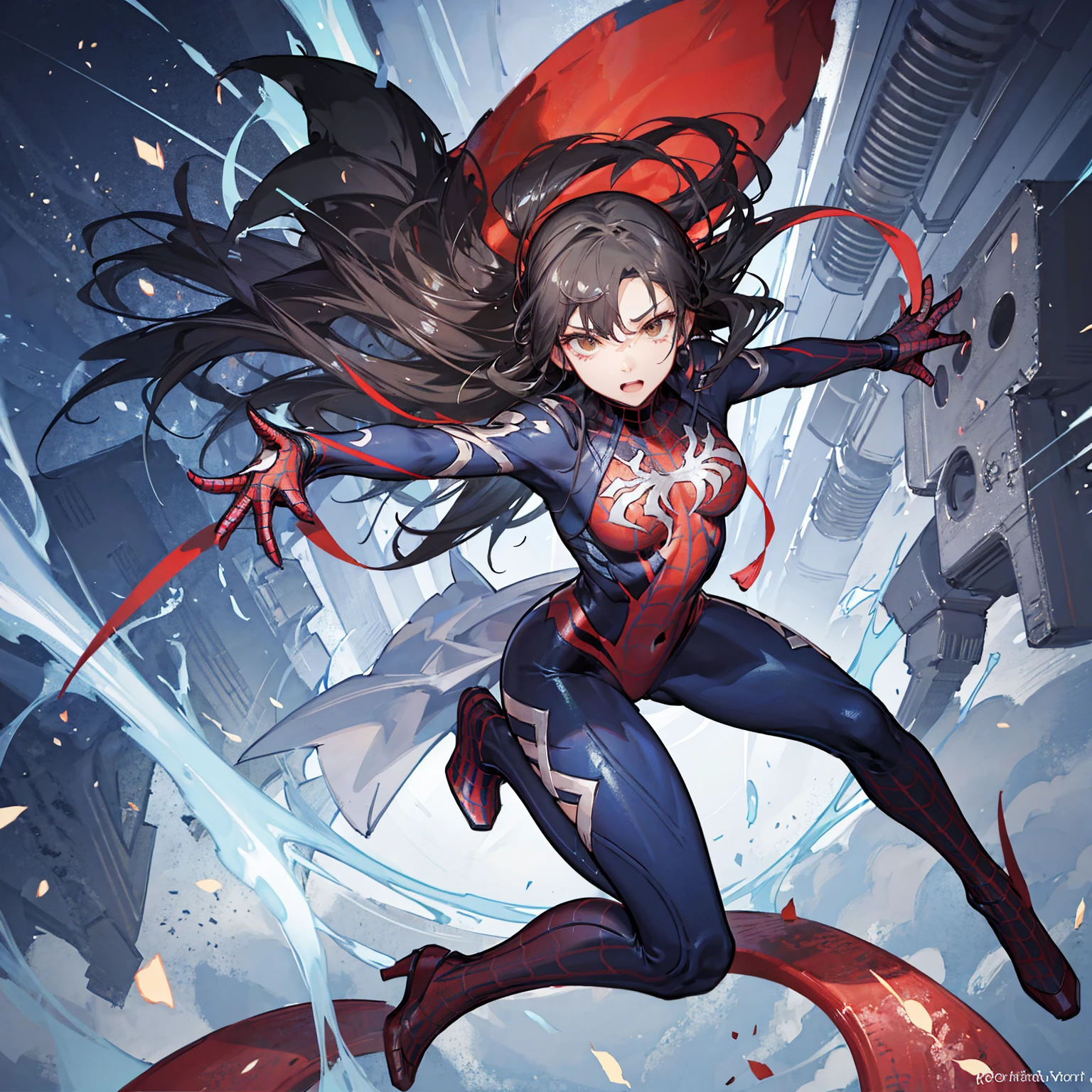 score_9, score_8_up, score_7_up, rating_explicit, source_anime, man, marvel spider man, black hair, pale skin, light brown eyes, no mask, piercing, sexy guy, 18 years, no mask, black and red suit, anime boy, sexy anime boy, beautiful boy anime, Crouching, low angle, spider man suit