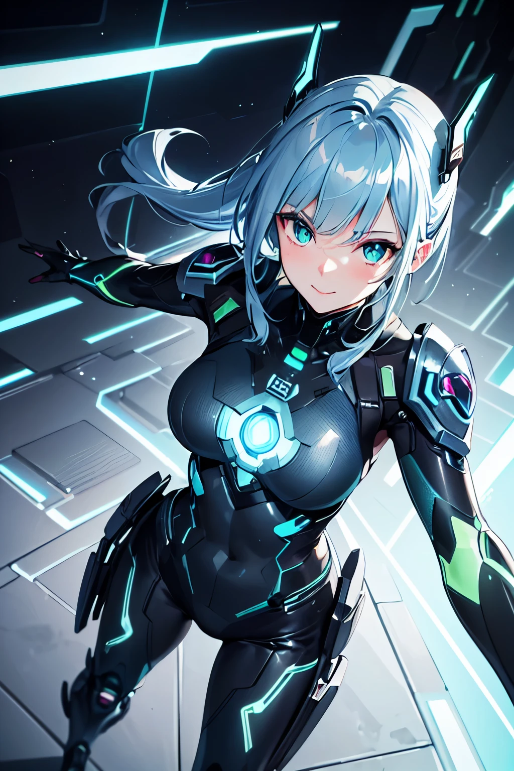 (masterpiece, best quality,Super detailed),(random angle),A cool and blushing female cyborg in her late twenties with short, metallic blue hair, glowing green cybernetic eyes, and a shy smile. She wears a sleek silver bodysuit with integrated tech armor, augmented gloves, and high-tech boots,