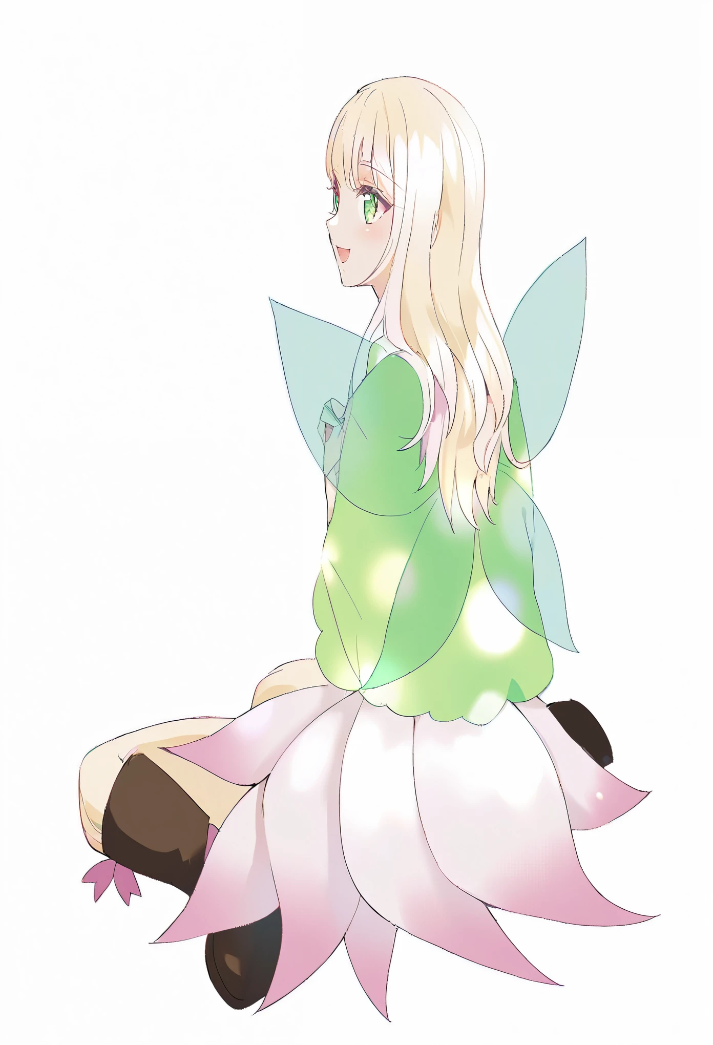 anime girl with Green Eyes and blonde hair holding her hands to her face, Soft anime illustration, blond hair Green Eyes, Elf Girl wearing an flower suit, deity of hydrangeas, Smiling like a fairy queen, sakura petals around her, Color lineart, Cute natural anime face, Elf Girl, Green Eyes!!!, Color Manga, clear Green Eyes