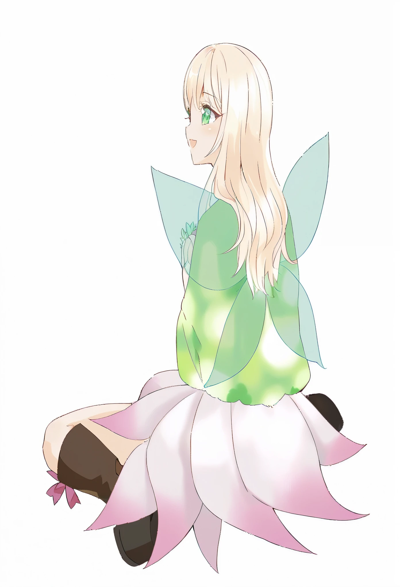 anime girl with Green Eyes and blonde hair holding her hands to her face, Soft anime illustration, blond hair Green Eyes, Elf Girl wearing an flower suit, deity of hydrangeas, Smiling like a fairy queen, sakura petals around her, Color lineart, Cute natural anime face, Elf Girl, Green Eyes!!!, Color Manga, clear Green Eyes