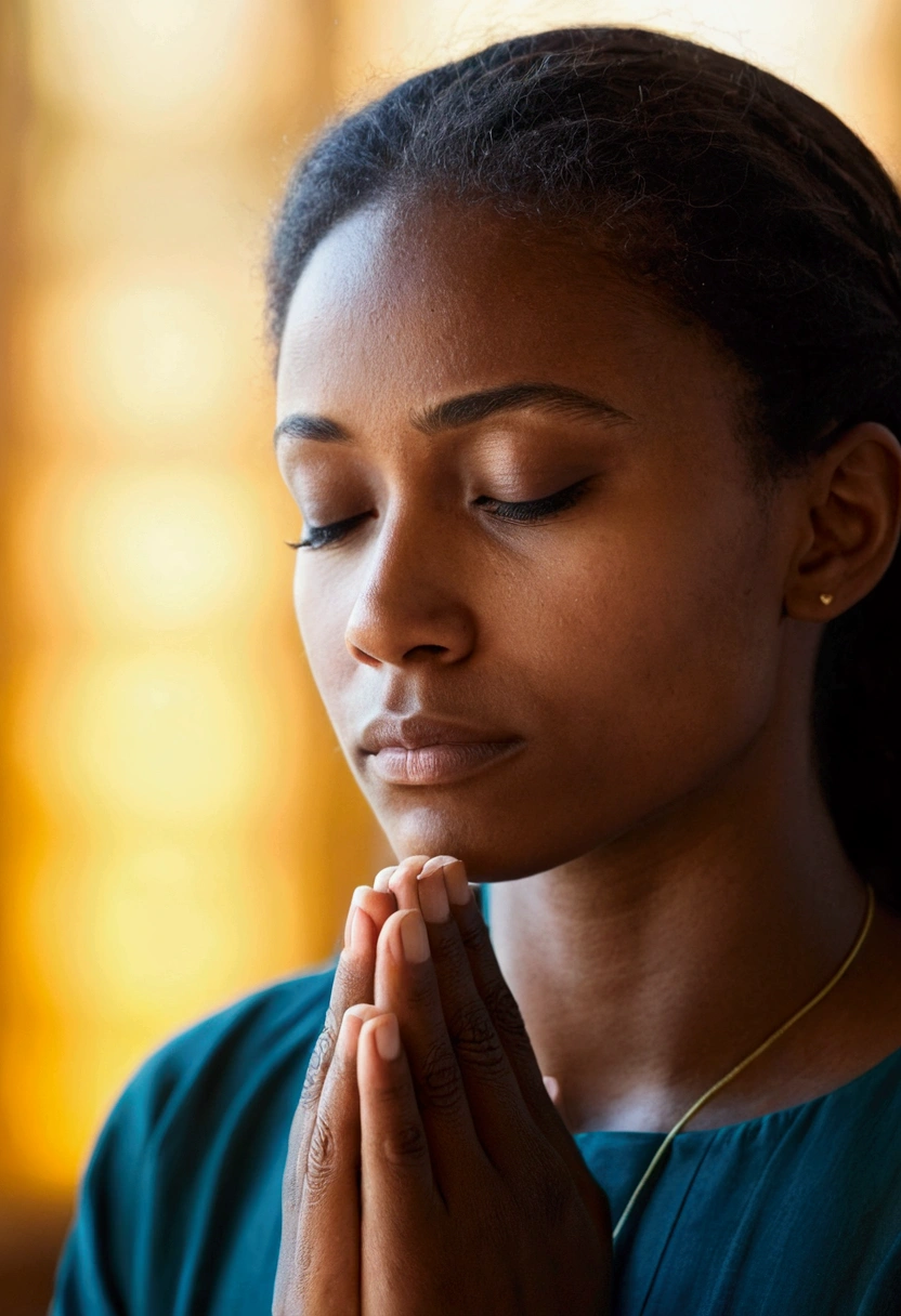 Image of a person praying with a serene face and a bright background. something like a catholic church ,