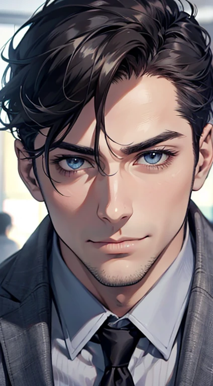 (best quality,4k,8k,highres,masterpiece:1.2),ultra-detailed,(realistic,photorealistic,photo-realistic:1.37),1 man,31 years old,mature man,very handsome,without expression,smile,short grey black hair,blue eyes,penetrating gaze,perfect face without errors,imposing posture,businessman,office background,cinematic lighting,hdr image