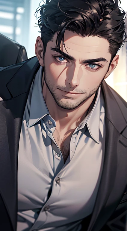 (best quality,4k,8k,highres,masterpiece:1.2),ultra-detailed,(realistic,photorealistic,photo-realistic:1.37),1 man,31 years old,mature man,very handsome,without expression,smile,short grey black hair,blue eyes,penetrating gaze,perfect face without errors,imposing posture,businessman,office background,cinematic lighting,hdr image