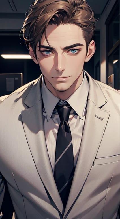 (best quality,4k,8k,highres,masterpiece:1.2),ultra-detailed,(realistic,photorealistic,photo-realistic:1.37),1 man,31 years old,mature man,very handsome,without expression,smile,short grey brown hair,blue eyes,penetrating gaze,perfect face without errors,imposing posture,businessman,office background,cinematic lighting,hdr image