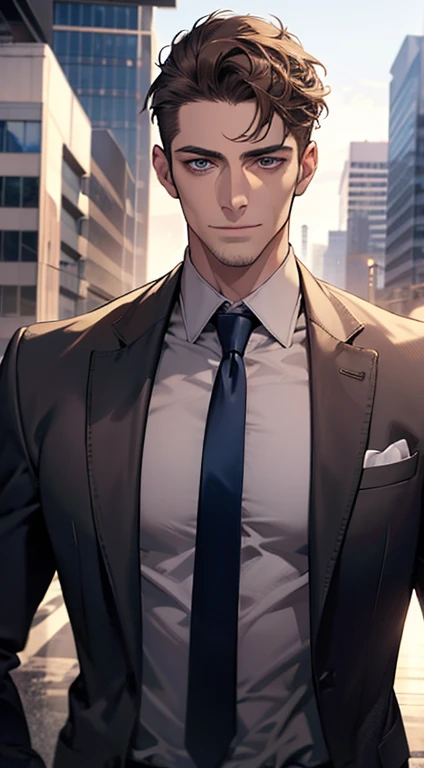 (best quality,4k,8k,highres,masterpiece:1.2),ultra-detailed,(realistic,photorealistic,photo-realistic:1.37),1 man,31 years old,mature man,very handsome,without expression,smile,short grey brown hair,blue eyes,penetrating gaze,perfect face without errors,imposing posture,businessman,office background,cinematic lighting,hdr image