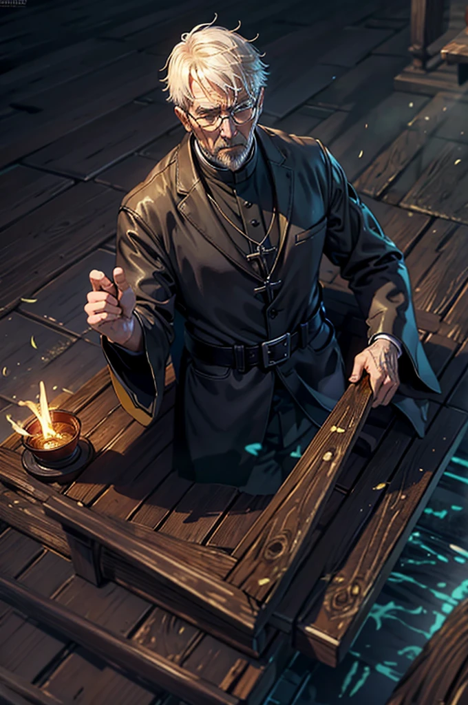 Clergy man with cold clothes and a dark wooden