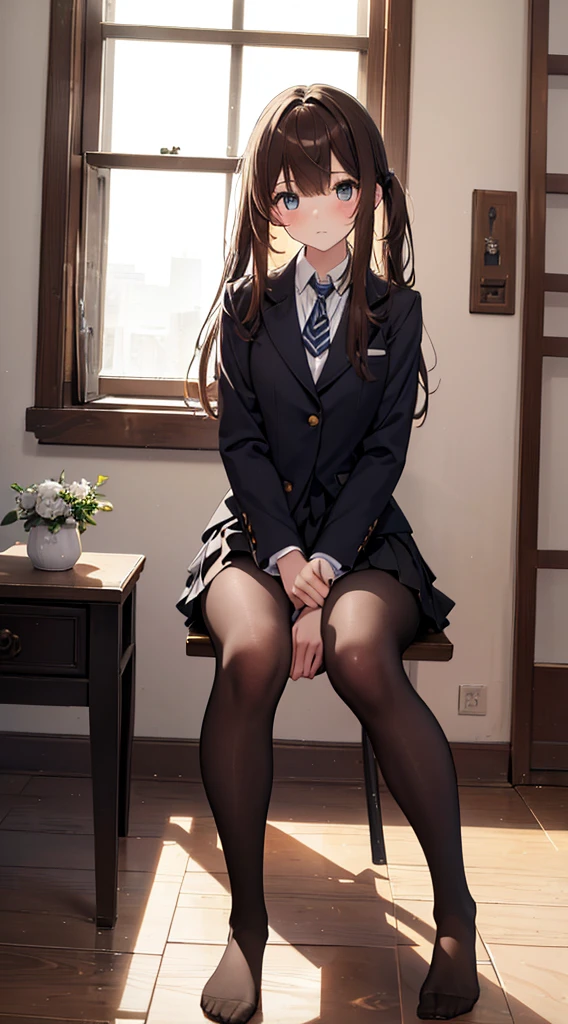 Top quality, masterpiece, High resolution, (Head to toe full body), front, frontやや下からの構図, Symmetric, Tall 18 year old girl, alone, (Head to toe), (Small breasts), Unkempt brown hair, bangs, (black tights), (Black Pantyhose), (Sit with your legs apart), (Crouching pose), (A composition showing white panties), (Her legs were spread、I see your white pants.), (I was made to sit on the floor with my legs spread..), (M-shaped legs), Thin legs, A very beautiful and tall 18 year old girl, (No shoes), blush, Shy big eyes, looking at the camera, Blazer Uniform, Checkered Pleated Skirt