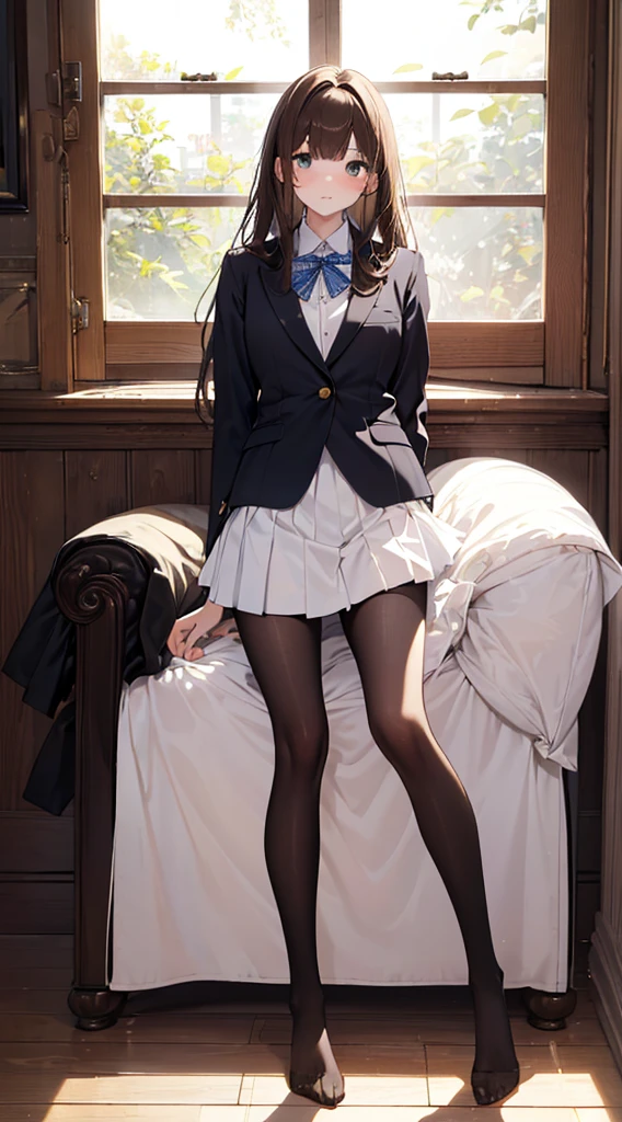 Top quality, masterpiece, High resolution, (Head to toe full body), front, frontやや下からの構図, Symmetric, Tall 18 year old girl, alone, (Head to toe), (Small breasts), Unkempt brown hair, bangs, (black tights), (Black Pantyhose), (Sit with your legs apart), (Crouching pose), (A composition showing white panties), (Her legs were spread、I see your white pants.), (I was made to sit on the floor with my legs spread..), (M-shaped legs), Thin legs, A very beautiful and tall 18 year old girl, (No shoes), blush, Shy big eyes, looking at the camera, Blazer Uniform, Checkered Pleated Skirt