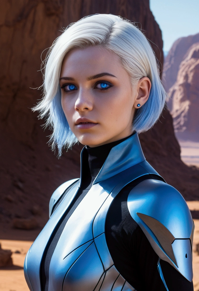 "Generate a realistic image of Nyx, a 22-year-old woman with Martian ears, white hair in a butterfly cut, piercing blue crystal eyes, and a slim, well-defined body. She has a confident and curious expression and wears a gray and blue uniform jumpsuit with a lance-shaped piercing. The background is a futuristic Martian landscape, with remnants of advanced technology and a sense of mystery and intrigue."
This updated prompt should give you an image that captures Nyx's unique appearance and personality, as well as the futuristic and otherworldly setting of her origin story.