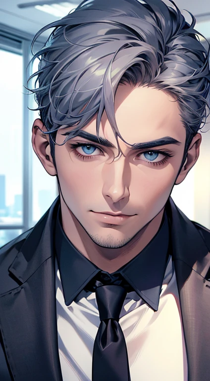 (best quality,4k,8k,highres,masterpiece:1.2),ultra-detailed,(realistic,photorealistic,photo-realistic:1.37),1 man,31 years old,mature man,very handsome,without expression,smile,short grey blue hair,blue eyes,penetrating gaze,perfect face without errors,imposing posture,businessman,office background,cinematic lighting,hdr image