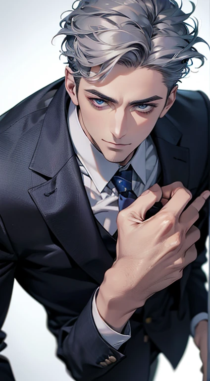 (best quality,4k,8k,highres,masterpiece:1.2),ultra-detailed,(realistic,photorealistic,photo-realistic:1.37),1 man,31 years old,mature man,very handsome,without expression,smile,short grey blue hair,blue eyes,penetrating gaze,perfect face without errors,imposing posture,businessman,office background,cinematic lighting,hdr image