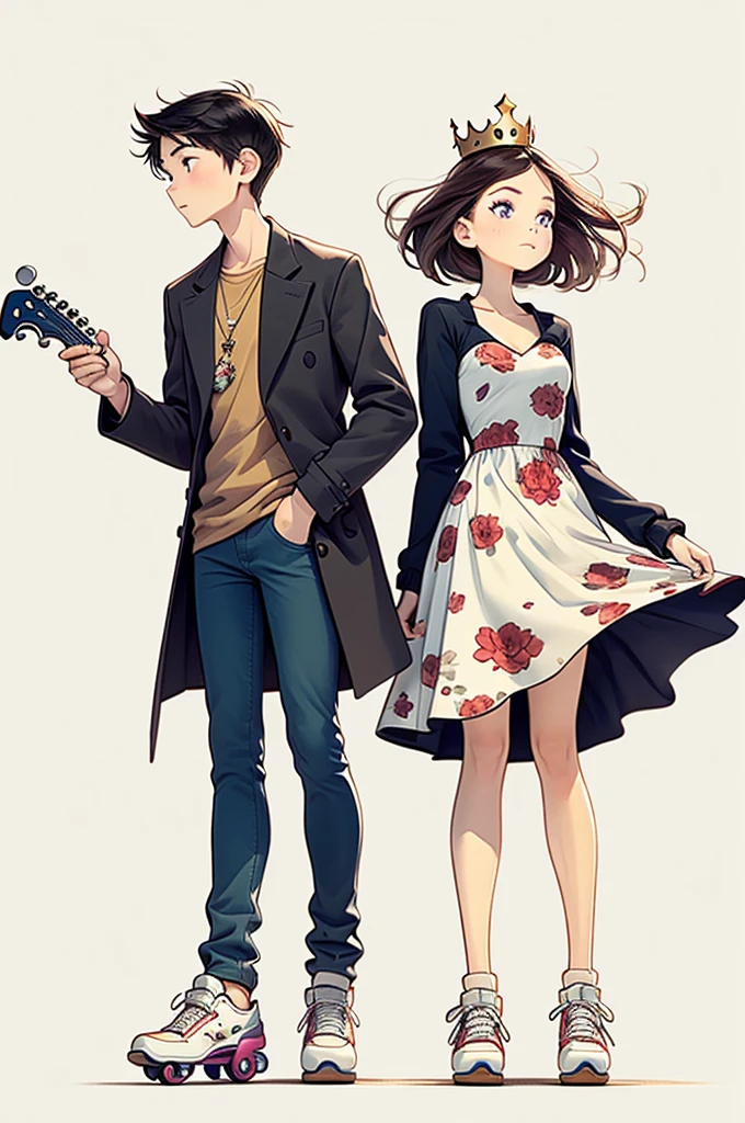 Watercolor painting,Two cartoon young people She was the only one, teenager energetic black eyes Dressed for an important date, She wears a floral print dress a plastic crown like Cinderella And roller skates lying on the bed. He looks like a star with an overcoat like a pirate, black hair and eyes, brunette skin, jeans and sneakers. With your plastic guitar. Como no dia do Halloween.