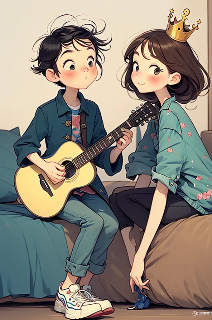 Watercolor painting，Two cartoon young people She was the only one, ager energetic black eyes Dressed for an important date, She wears a floral print dress a plastic crown like Cinderella And roller skates lying on the bed. He looks like a star with an overcoat like a pirate, black hair and eyes, brunette skin, jeans and sneakers. With your plastic guitar. Como no dia do Halloween.