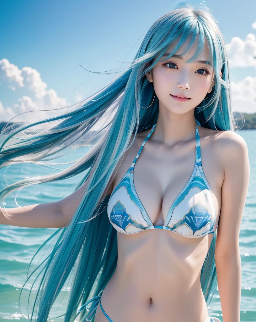 (Highest quality, 32k, High resolution, Masterpiece:1.5, ), marimo_jet, god々A photograph with brilliant dazzling and healing power., Evoking a sense of calm and elusive beauty, Expressing emotions, Have a rich imagination, The road to the horizon, Nostalgic scenery of youth, Beautiful Japanese Girls, An exceptionally beautiful face, Small Face Beauty, Perfect Human Anatomy, Magical big eyes, Motherhood and generosity, Deep Love, fleeting smile, ((Shiny light blue hair:1.1)), ((Super long straight silk hair that sways beautifully in the wind)), Asymmetrical bangs, Hair between the eyes, Transparent, soft white skin, Sharp eyebrows, Thin lashes, Natural Makeup, Cheek highlighter, Lips with fine detail, (Pastel patterned bikini:1.4), High resolutionの完璧な鎖骨, High resolutionの美しい胸元, Slim figure with ample breasts, High resolutionの美しい太もも, ((Beautiful detailed sky background:1.2)), ((Shining in the morning sunlight)), Professional photographer, Professional Lighting, Professional models, god秘的