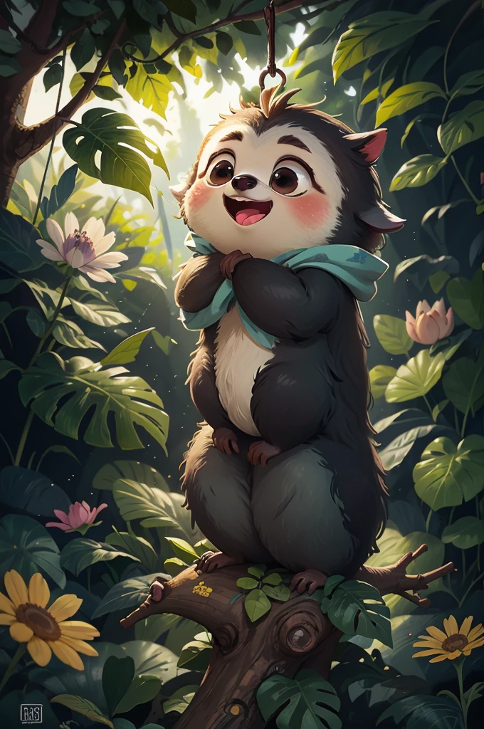 Front view of a cute sloth hanging on a tree,Open your mouth,close, Pixar movie style, 最high quality, Still image, very cute, Big eyes, Birds and flowers around, Rainforest,very happy,Attention to detail, high quality, masterpiece, Accurate, Super detailed,