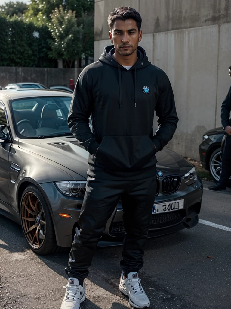 I want a real image of a man in a hoodie next to a BMW M3, preferably tanned.