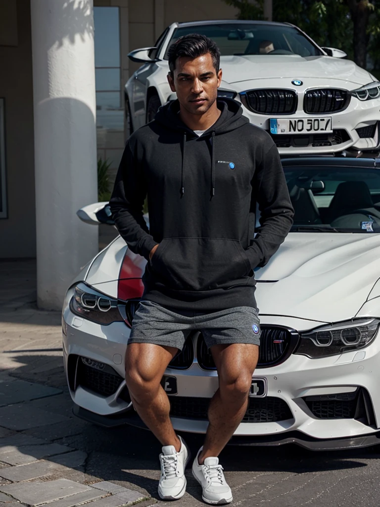 I want a real image of a man in a hoodie next to a BMW M3, preferably tanned.