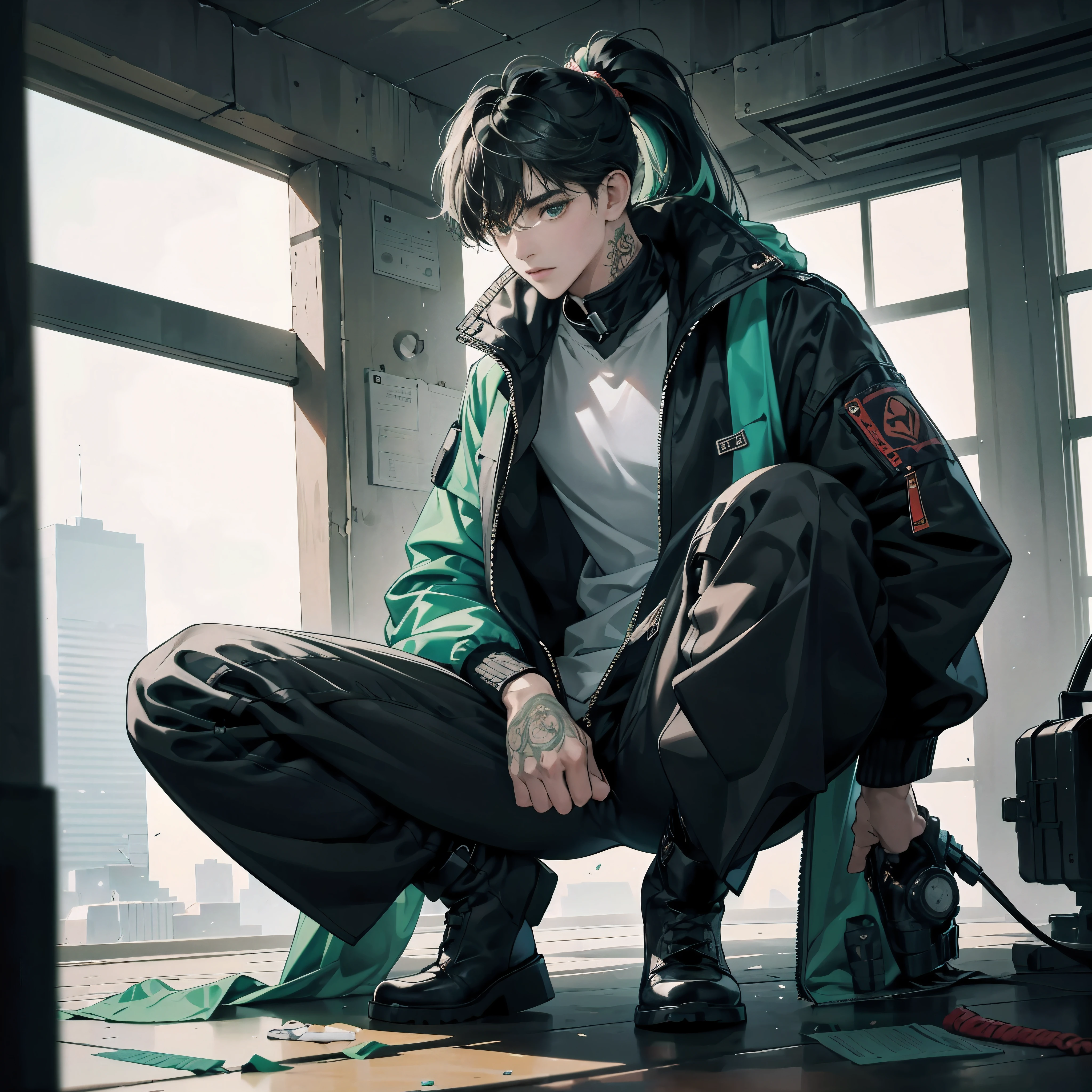 work of art, top-quality, ultra detali, 8k drawing under CG unification,,nice boy,dress badly,jaket,booties,tattoo line,black hair roots, green hair tips,cabelo longo e branco,cyberpunk style