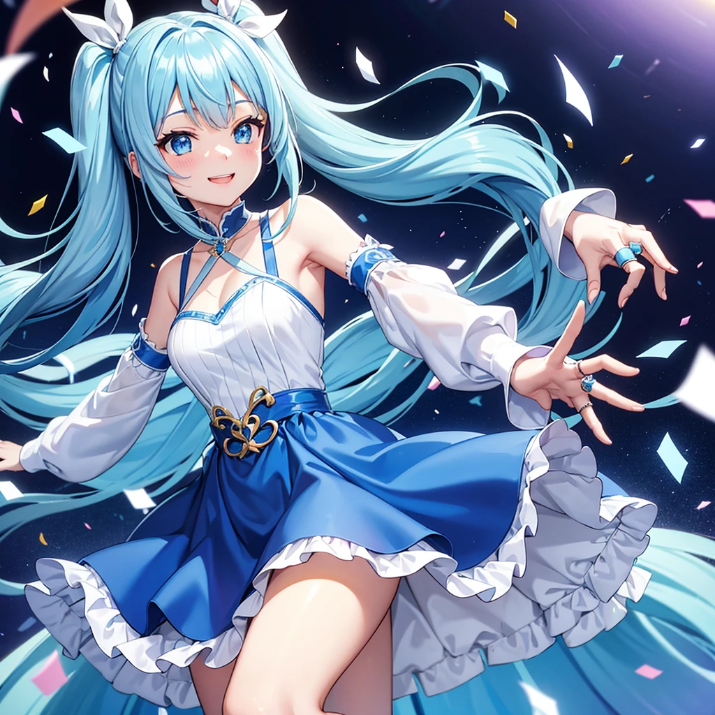 Light blue long hair、Beautiful girl with twin tails、Showing off a beautiful ring、Great smile、Bright smile、Blue half dress、Showing off a shining ring、Seven-colored confetti is dancing