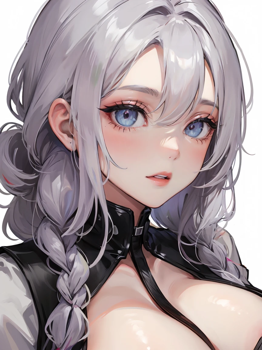 eye makeup , cute girl , detailed eyes , braided hairstyle , white background , portrait , face , huge breasts , nsfw