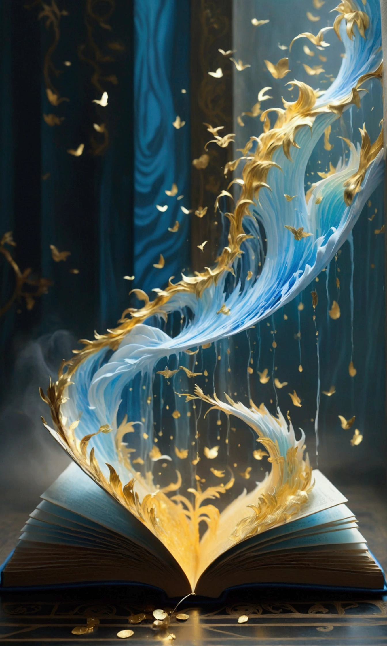 throw, A man wearing a blue jacket、A pop-up book with a gold-plated page and a paper family is open.。, The book shines with waves of gold and blue light. Background and gusts of wind stir the fog in a dark room. 太い波状のBrush strokes, Digital Illustration, Brush strokes, watercolor, Golden Light, Dreamy atmosphere, Rainbow Wave, close, (Highest quality, masterpiece) Intricate gold patterns in a book