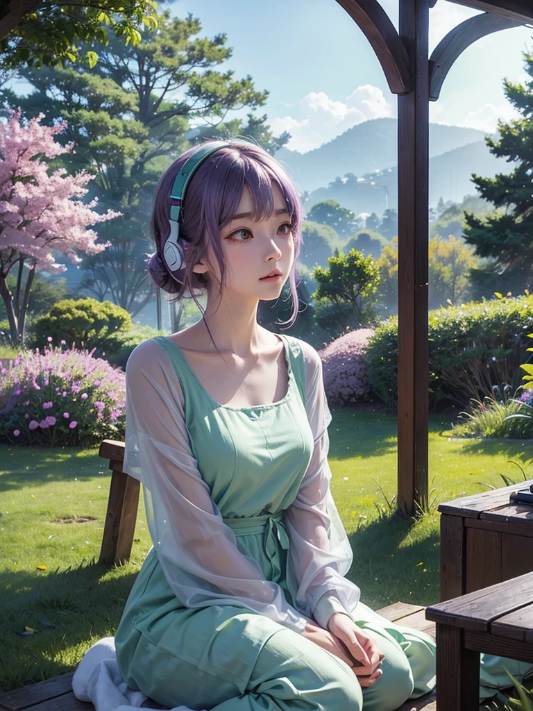 Chill Heartbeats、Light purple、green、listening to music on headphones、relax、Happy、Ghibli、Landscape only、No humans needed