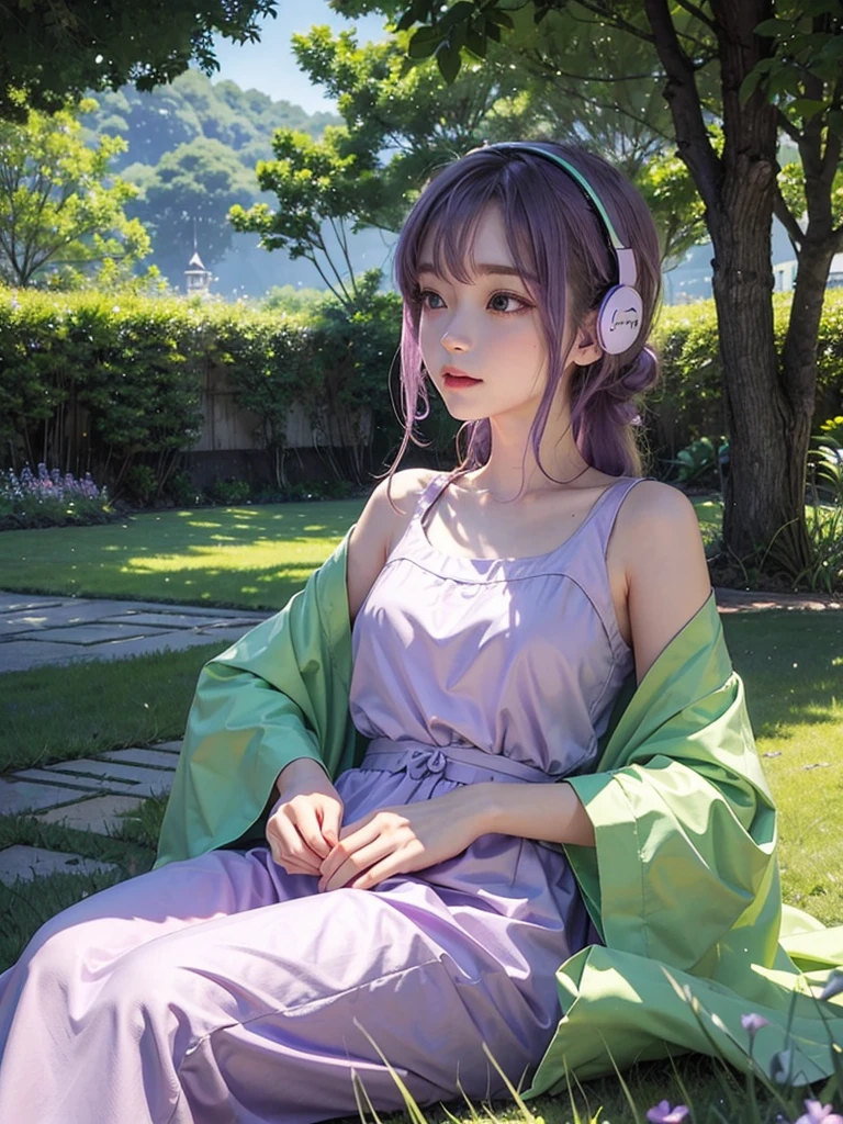 Chill Heartbeats、Light purple、green、listening to music on headphones、relax、Happy、Ghibli、Landscape only、No humans needed