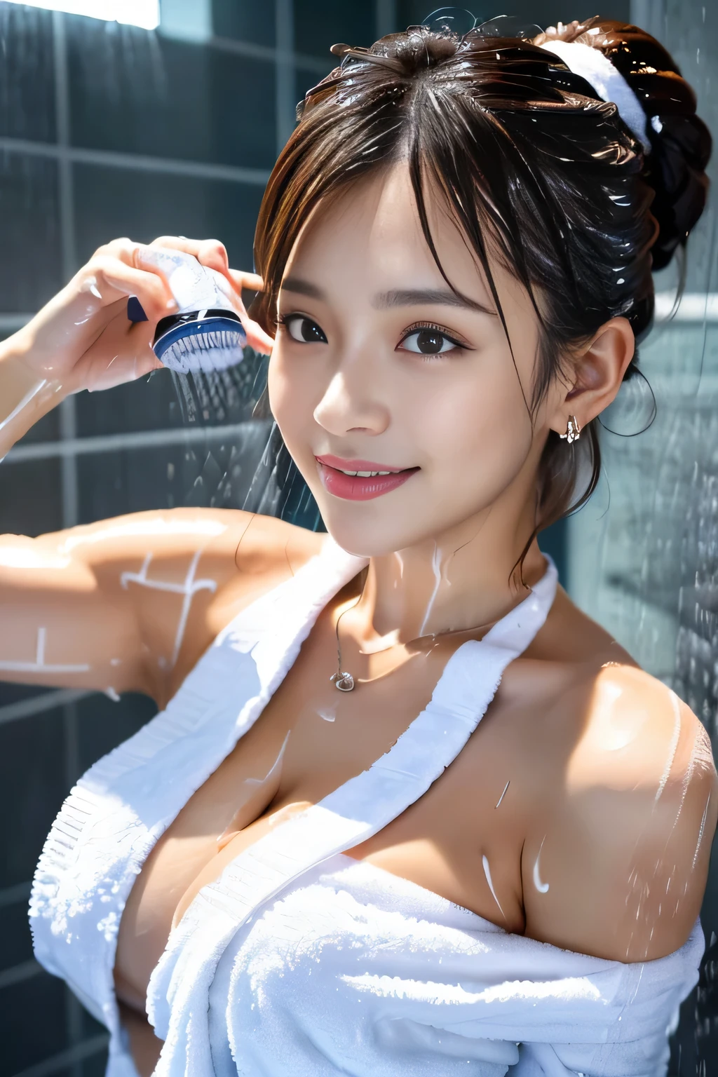 (((Taking a shower at home:1.7))),night,(((flannel:1,7))),(((Cover your breasts with a towel:1.7))),(((Night lighting:1.3))),(((Covered with soap suds:1.7))),(((Emphasize movement with the motion blur effect:1.7))),Chest slip,Blushing、Laugh shyly,Chubby,(Beautiful mature adult woman),(Flower Hair Ornaments,Floral braided top knot,Twisted Side Part Ponytail,Floral knit headband,Half Up、Floral braided space buns,Voluminous fishtail braid,Twisted pan,),(The bangs are see-through),(((Accentuate your breasts:1.3))),(Dynamic Angle),(Dynamic and sexy pose),(Leaning forward:1.3),(((Majestic statue))),(((hairpin,necklace,Earrings))),huge ,blush with embarrassment,Dreamy eyes,A smile that captivates the viewer,Sweaty skin,Staring at the audience,Upper body naked,48 years old ,Upper body naked,Clothing gets messy due to movement,Pointed red mouth,Perfect round face,,Proper body balance,Intricate details,Very delicate and beautiful hair,Photo Real,dream-like,Professional Lighting,Realistic Shadows,Focus Only,Beautiful Hands,Beautiful fingers,Detailed finger features,Detailed clothing features,Detailed hair features,Detailed facial features,(Tabletop,Highest quality,Ultra-high resolution output images,) ,(8K quality,),(SeaArt 2 Mode.1),(Picture Mode Ultra HD,)