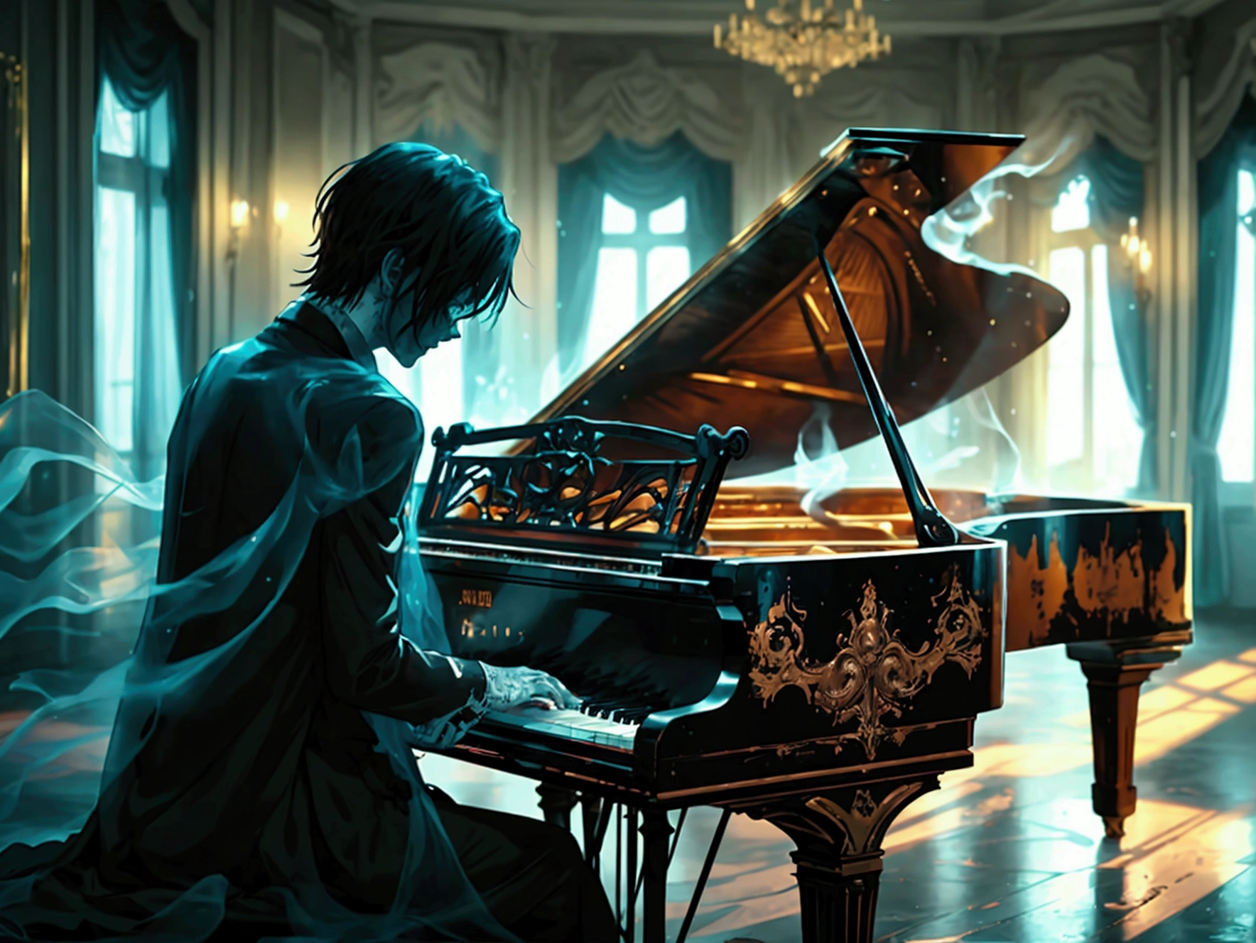 Create an image of a ghostly man with a dark, somber expression, surrounded by a translucent glow. He is playing a grand piano in the dark ballroom of a hotel. The ballroom is dimly lit, with flickering lights casting eerie shadows on the walls. The man appears ethereal, with a spectral, haunting presence. The background includes ornate, decaying decorations and an old, worn floor, enhancing the creepy, unsettling atmosphere reminiscent of a classic horror movie